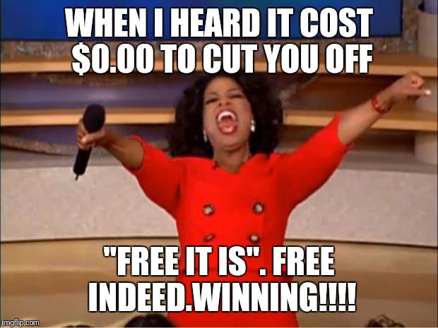 Oprah You Get A Meme | WHEN I HEARD IT COST $0.00 TO CUT YOU OFF; "FREE IT IS". FREE INDEED.WINNING!!!! | image tagged in memes,oprah you get a | made w/ Imgflip meme maker