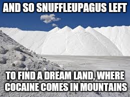 AND SO SNUFFLEUPAGUS LEFT TO FIND A DREAM LAND, WHERE COCAINE COMES IN MOUNTAINS | made w/ Imgflip meme maker