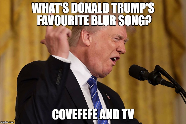 I've seen so much, I'm going blind and I'm brain-dead virtually | WHAT'S DONALD TRUMP'S FAVOURITE BLUR SONG? COVEFEFE AND TV | image tagged in politics,funny,meme,trump tweet,blur,damon albarn | made w/ Imgflip meme maker