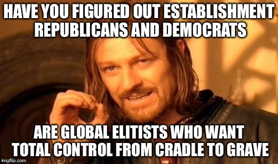 One Does Not Simply Meme | HAVE YOU FIGURED OUT ESTABLISHMENT REPUBLICANS AND DEMOCRATS; ARE GLOBAL ELITISTS WHO WANT TOTAL CONTROL FROM CRADLE TO GRAVE | image tagged in memes,one does not simply | made w/ Imgflip meme maker