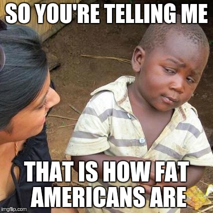 Third World Skeptical Kid Meme | SO YOU'RE TELLING ME THAT IS HOW FAT AMERICANS ARE | image tagged in memes,third world skeptical kid | made w/ Imgflip meme maker