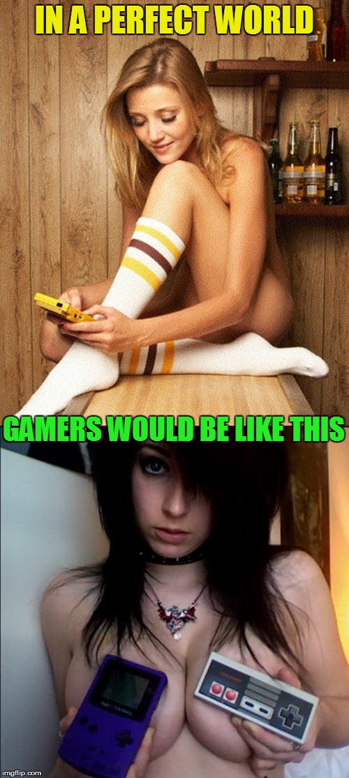 Game Boy week! July 1st to July 7th. A pinheadpokemanz event. | IN A PERFECT WORLD; GAMERS WOULD BE LIKE THIS | image tagged in memes,gameboy week,gameboy,nsfw,perfect world,hot gamers | made w/ Imgflip meme maker