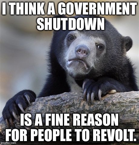 Attention New Jersey | I THINK A GOVERNMENT SHUTDOWN; IS A FINE REASON FOR PEOPLE TO REVOLT. | image tagged in memes,confession bear,government,government shutdown,new jersey | made w/ Imgflip meme maker