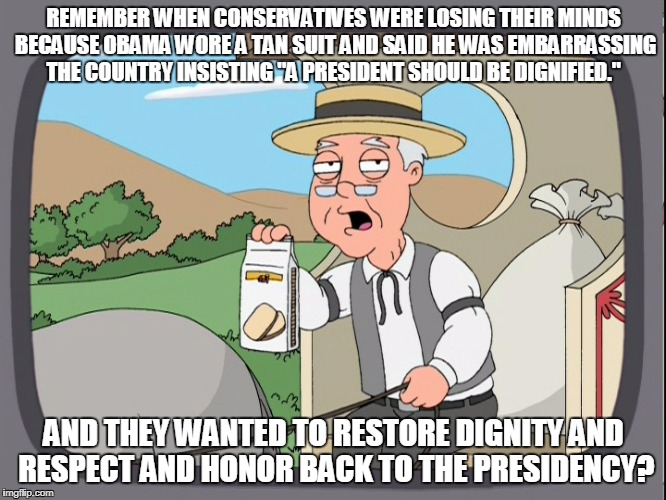 Peperridge Farm | REMEMBER WHEN CONSERVATIVES WERE LOSING THEIR MINDS BECAUSE OBAMA WORE A TAN SUIT AND SAID HE WAS EMBARRASSING THE COUNTRY INSISTING "A PRESIDENT SHOULD BE DIGNIFIED."; AND THEY WANTED TO RESTORE DIGNITY AND RESPECT AND HONOR BACK TO THE PRESIDENCY? | image tagged in peperridge farm | made w/ Imgflip meme maker