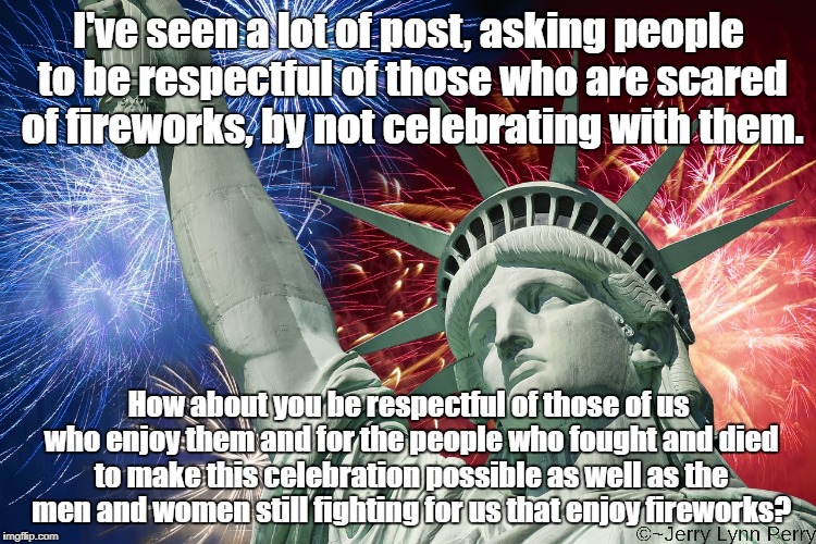 Respect works both ways... | I've seen a lot of post, asking people to be respectful of those who are scared of fireworks, by not celebrating with them. How about you be respectful of those of us who enjoy them and for the people who fought and died to make this celebration possible as well as the men and women still fighting for us that enjoy fireworks? | image tagged in 4th of july,respect | made w/ Imgflip meme maker