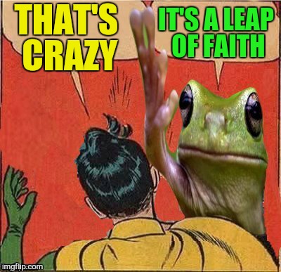 Frog Slapping Robin | THAT'S CRAZY IT'S A LEAP OF FAITH | image tagged in frog slapping robin | made w/ Imgflip meme maker