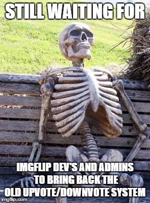 Waiting Skeleton | STILL WAITING FOR; IMGFLIP DEV'S AND ADMINS TO BRING BACK THE OLD UPVOTE/DOWNVOTE SYSTEM | image tagged in memes,waiting skeleton | made w/ Imgflip meme maker