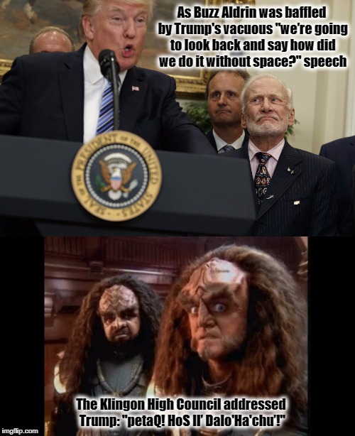 How did we do it without space? | As Buzz Aldrin was baffled by Trump's vacuous "we’re going to look back and say how did we do it without space?" speech; The Klingon High Council addressed Trump: "petaQ! HoS lI’ Dalo'Ha'chu’!" | image tagged in donald trump,buzz aldrin,space,klingon,resist,astronaut | made w/ Imgflip meme maker