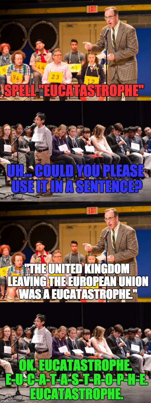 Spelling Bee | SPELL "EUCATASTROPHE"; UH... COULD YOU PLEASE USE IT IN A SENTENCE? "THE UNITED KINGDOM LEAVING THE EUROPEAN UNION WAS A EUCATASTROPHE."; OK. EUCATASTROPHE. E-U-C-A-T-A-S-T-R-O-P-H-E. EUCATASTROPHE. | image tagged in memes,puns,spelling bee | made w/ Imgflip meme maker