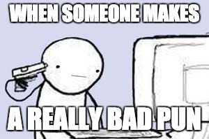 Computer Suicide | WHEN SOMEONE MAKES; A REALLY BAD PUN | image tagged in computer suicide | made w/ Imgflip meme maker