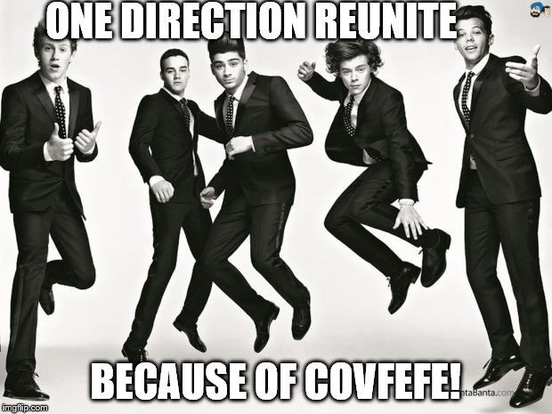 One direction | ONE DIRECTION REUNITE; BECAUSE OF COVFEFE! | image tagged in one direction | made w/ Imgflip meme maker