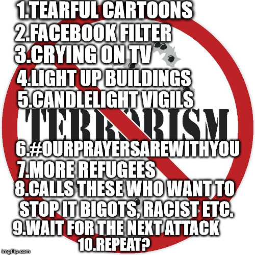Dont you think its time to Stop with the # Praying and start doing something. | 1.TEARFUL CARTOONS; 2.FACEBOOK FILTER; 3.CRYING ON TV; 4.LIGHT UP BUILDINGS; 5.CANDLELIGHT VIGILS; 6.#OURPRAYERSAREWITHYOU; 7.MORE REFUGEES; 8.CALLS THESE WHO WANT TO STOP IT BIGOTS, RACIST ETC. 9.WAIT FOR THE NEXT ATTACK; 10.REPEAT? | image tagged in stop supporting terrorism,terrorism,radical islam,islamic state | made w/ Imgflip meme maker