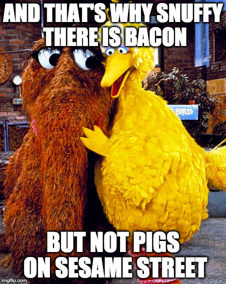 Sunny side up days.Taking my cares away. | AND THAT'S WHY SNUFFY THERE IS BACON; BUT NOT PIGS ON SESAME STREET | image tagged in snuffy and big bird,iwanttobebacon,iwanttobebaconcom,sesame street | made w/ Imgflip meme maker