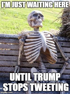 Waiting Skeleton | I'M JUST WAITING HERE; UNTIL TRUMP STOPS TWEETING | image tagged in memes,waiting skeleton | made w/ Imgflip meme maker