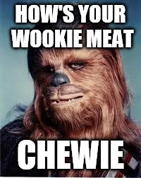 chewbacca | HOW'S YOUR WOOKIE MEAT; CHEWIE | image tagged in chewbacca | made w/ Imgflip meme maker