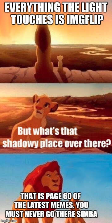 Simba Shadowy Place | EVERYTHING THE LIGHT TOUCHES IS IMGFLIP; THAT IS PAGE 60 OF THE LATEST MEMES. YOU MUST NEVER GO THERE SIMBA | image tagged in memes,simba shadowy place | made w/ Imgflip meme maker