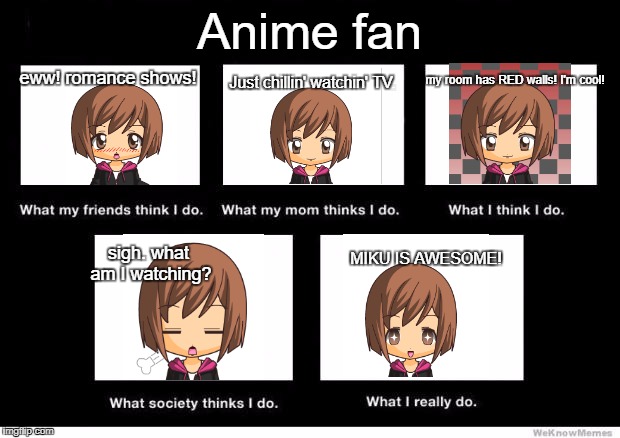 What I really do | Anime fan; my room has RED walls! I'm cool! eww! romance shows! Just chillin' watchin' TV. sigh. what am I watching? MIKU IS AWESOME! | image tagged in what i really do | made w/ Imgflip meme maker