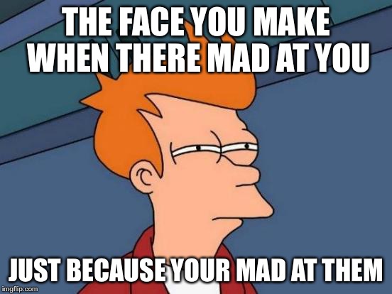 Futurama Fry | THE FACE YOU MAKE WHEN THERE MAD AT YOU; JUST BECAUSE YOUR MAD AT THEM | image tagged in memes,futurama fry | made w/ Imgflip meme maker