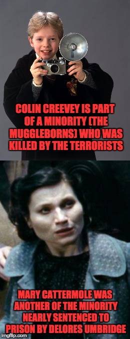 COLIN CREEVEY IS PART OF A MINORITY (THE MUGGLEBORNS) WHO WAS KILLED BY THE TERRORISTS MARY CATTERMOLE WAS ANOTHER OF THE MINORITY NEARLY SE | made w/ Imgflip meme maker