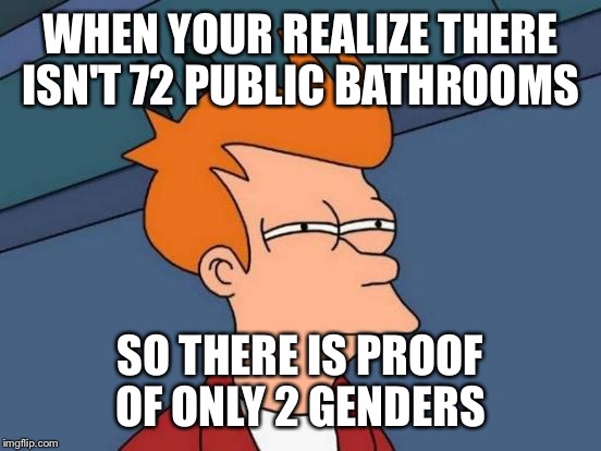 Futurama Fry Meme | WHEN YOUR REALIZE THERE ISN'T 72 PUBLIC BATHROOMS; SO THERE IS PROOF OF ONLY 2 GENDERS | image tagged in memes,futurama fry | made w/ Imgflip meme maker