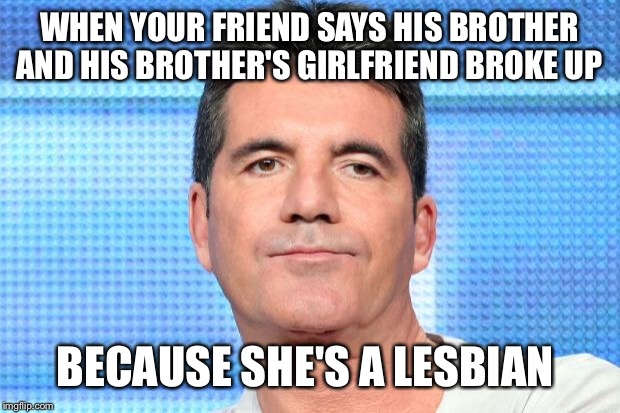 Simon Cowell Unimpressed | WHEN YOUR FRIEND SAYS HIS BROTHER AND HIS BROTHER'S GIRLFRIEND BROKE UP; BECAUSE SHE'S A LESBIAN | image tagged in simon cowell unimpressed | made w/ Imgflip meme maker