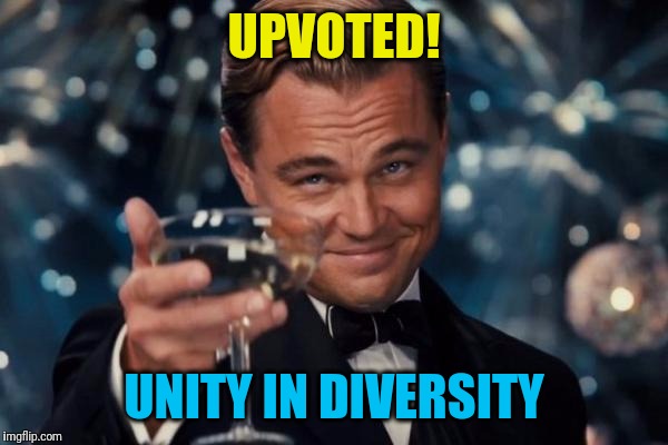 Leonardo Dicaprio Cheers Meme | UPVOTED! UNITY IN DIVERSITY | image tagged in memes,leonardo dicaprio cheers | made w/ Imgflip meme maker