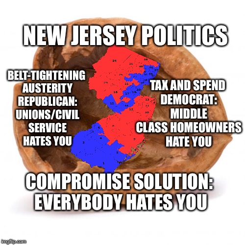 New Jersey Politics | NEW JERSEY POLITICS; TAX AND SPEND DEMOCRAT: MIDDLE CLASS HOMEOWNERS HATE YOU; BELT-TIGHTENING AUSTERITY REPUBLICAN: UNIONS/CIVIL SERVICE HATES YOU; COMPROMISE SOLUTION: EVERYBODY HATES YOU | image tagged in nutshell,new jersey,politics | made w/ Imgflip meme maker