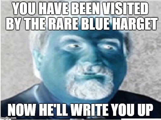 YOU HAVE BEEN VISITED BY THE RARE BLUE HARGET; NOW HE'LL WRITE YOU UP | image tagged in harget evil | made w/ Imgflip meme maker