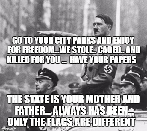 Hitler | GO TO YOUR CITY PARKS AND ENJOY FOR FREEDOM...WE STOLE.. CAGED.. AND KILLED FOR YOU ...  HAVE YOUR PAPERS; THE STATE IS YOUR MOTHER AND FATHER... ALWAYS HAS BEEN... ONLY THE FLAGS ARE DIFFERENT | image tagged in hitler | made w/ Imgflip meme maker