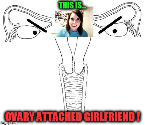 "Ovary" attached girlfriend... just being dank. | THIS IS... OVARY ATTACHED GIRLFRIEND ! | image tagged in ovaries triggered,overly attached girlfriend,hybrid,daily abuse | made w/ Imgflip meme maker