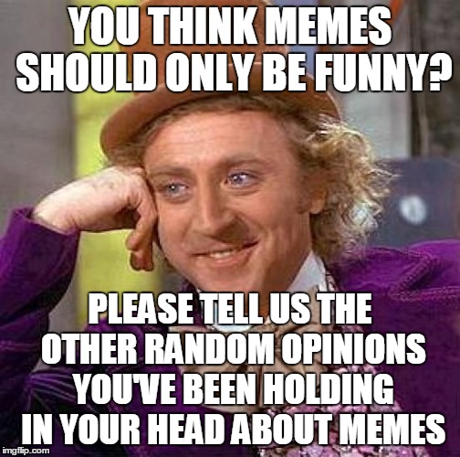 Creepy Condescending Wonka Meme | YOU THINK MEMES SHOULD ONLY BE FUNNY? PLEASE TELL US THE OTHER RANDOM OPINIONS YOU'VE BEEN HOLDING IN YOUR HEAD ABOUT MEMES | image tagged in memes,creepy condescending wonka | made w/ Imgflip meme maker