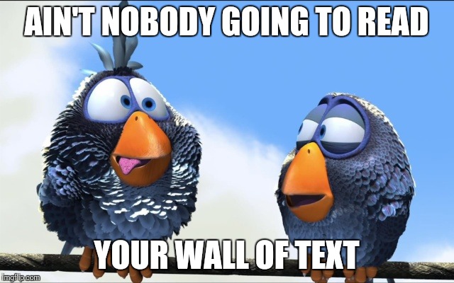 AIN'T NOBODY GOING TO READ YOUR WALL OF TEXT | image tagged in blue birds | made w/ Imgflip meme maker