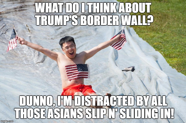 Jia's 4th of July Slip N' Slide | WHAT DO I THINK ABOUT TRUMP'S BORDER WALL? DUNNO, I'M DISTRACTED BY ALL THOSE ASIANS SLIP N' SLIDING IN! | image tagged in jia's 4th of july slip n' slide | made w/ Imgflip meme maker