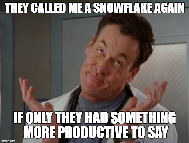 The Snowflake Argument | THEY CALLED ME A SNOWFLAKE AGAIN; IF ONLY THEY HAD SOMETHING MORE PRODUCTIVE TO SAY | image tagged in politics drcox shrug snowflake snowflakes | made w/ Imgflip meme maker