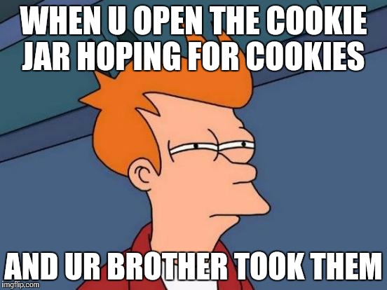 Futurama Fry Meme | WHEN U OPEN THE COOKIE JAR HOPING FOR COOKIES; AND UR BROTHER TOOK THEM | image tagged in memes,futurama fry | made w/ Imgflip meme maker