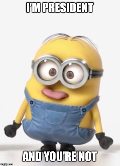 minion sticking tongue out | I'M PRESIDENT; AND YOU'RE NOT | image tagged in minion sticking tongue out | made w/ Imgflip meme maker