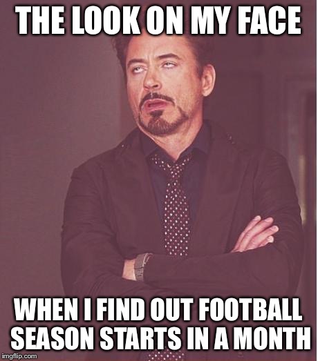 Face You Make Robert Downey Jr Meme | THE LOOK ON MY FACE; WHEN I FIND OUT FOOTBALL SEASON STARTS IN A MONTH | image tagged in memes,face you make robert downey jr | made w/ Imgflip meme maker