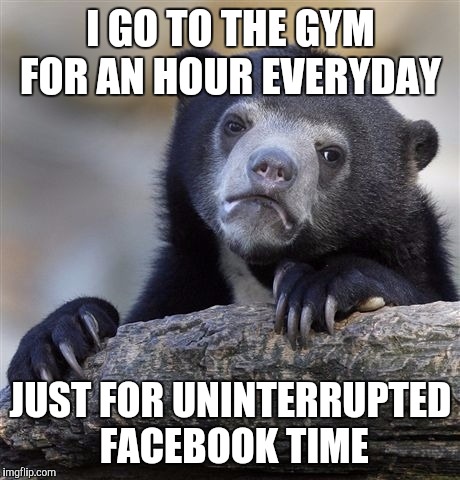 Confession Bear | I GO TO THE GYM FOR AN HOUR EVERYDAY; JUST FOR UNINTERRUPTED FACEBOOK TIME | image tagged in memes,confession bear | made w/ Imgflip meme maker