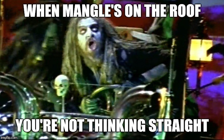 rob zombie dragula | WHEN MANGLE'S ON THE ROOF; YOU'RE NOT THINKING STRAIGHT | image tagged in rob zombie dragula | made w/ Imgflip meme maker