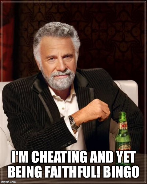The Most Interesting Man In The World Meme | I'M CHEATING AND YET BEING FAITHFUL! BINGO | image tagged in memes,the most interesting man in the world | made w/ Imgflip meme maker