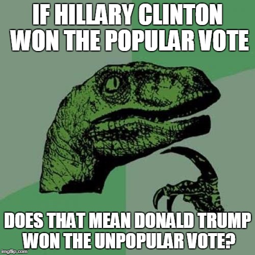 Philosoraptor | IF HILLARY CLINTON WON THE POPULAR VOTE; DOES THAT MEAN DONALD TRUMP WON THE UNPOPULAR VOTE? | image tagged in memes,philosoraptor | made w/ Imgflip meme maker