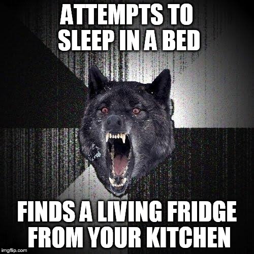 A cold hearted game becomes a disaster with THIS!? | ATTEMPTS TO SLEEP IN A BED; FINDS A LIVING FRIDGE FROM YOUR KITCHEN | image tagged in memes,insanity wolf | made w/ Imgflip meme maker