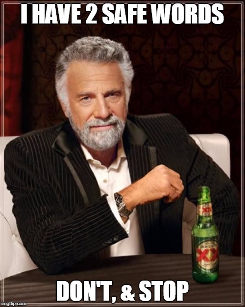 I HAVE 2 SAFE WORDS DON'T, & STOP | image tagged in memes,the most interesting man in the world | made w/ Imgflip meme maker