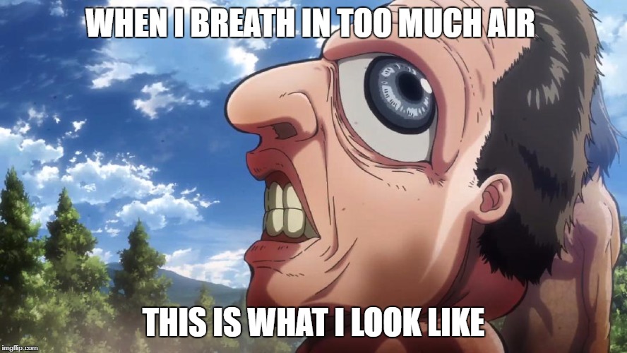 Attack on titan | WHEN I BREATH IN TOO MUCH AIR; THIS IS WHAT I LOOK LIKE | image tagged in attack on titan | made w/ Imgflip meme maker