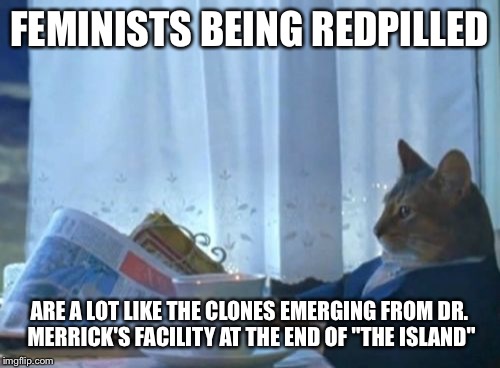 I Should Buy A Boat Cat Meme | FEMINISTS BEING REDPILLED; ARE A LOT LIKE THE CLONES EMERGING FROM DR. MERRICK'S FACILITY AT THE END OF "THE ISLAND" | image tagged in memes,i should buy a boat cat | made w/ Imgflip meme maker