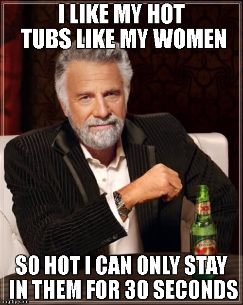 But then again, i have neither of them | I LIKE MY HOT TUBS LIKE MY WOMEN; SO HOT I CAN ONLY STAY IN THEM FOR 30 SECONDS | image tagged in memes,the most interesting man in the world | made w/ Imgflip meme maker