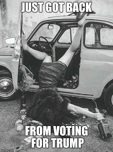 Drunk Girl  | JUST GOT BACK; FROM VOTING FOR TRUMP | image tagged in drunk girl | made w/ Imgflip meme maker