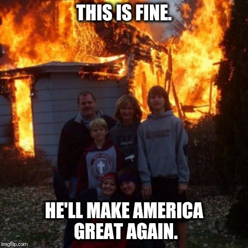THIS IS FINE. HE'LL MAKE AMERICA GREAT AGAIN. | image tagged in donald trump,maga,make america great again | made w/ Imgflip meme maker