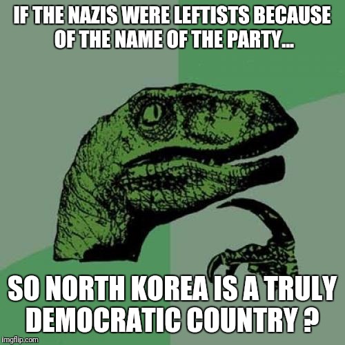 Philosoraptor Meme | IF THE NAZIS WERE LEFTISTS BECAUSE OF THE NAME OF THE PARTY... SO NORTH KOREA IS A TRULY DEMOCRATIC COUNTRY ? | image tagged in memes,philosoraptor | made w/ Imgflip meme maker