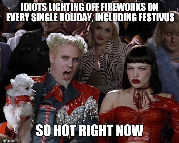 Mugatu So Hot Right Now Meme | IDIOTS LIGHTING OFF FIREWORKS ON EVERY SINGLE HOLIDAY, INCLUDING FESTIVUS; SO HOT RIGHT NOW | image tagged in memes,mugatu so hot right now | made w/ Imgflip meme maker